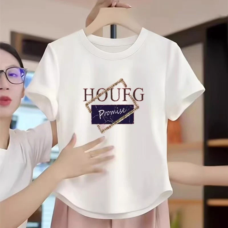 夏季新款字母印花宽松显瘦短袖t恤女时尚百搭休闲遮肉弧形上衣ins