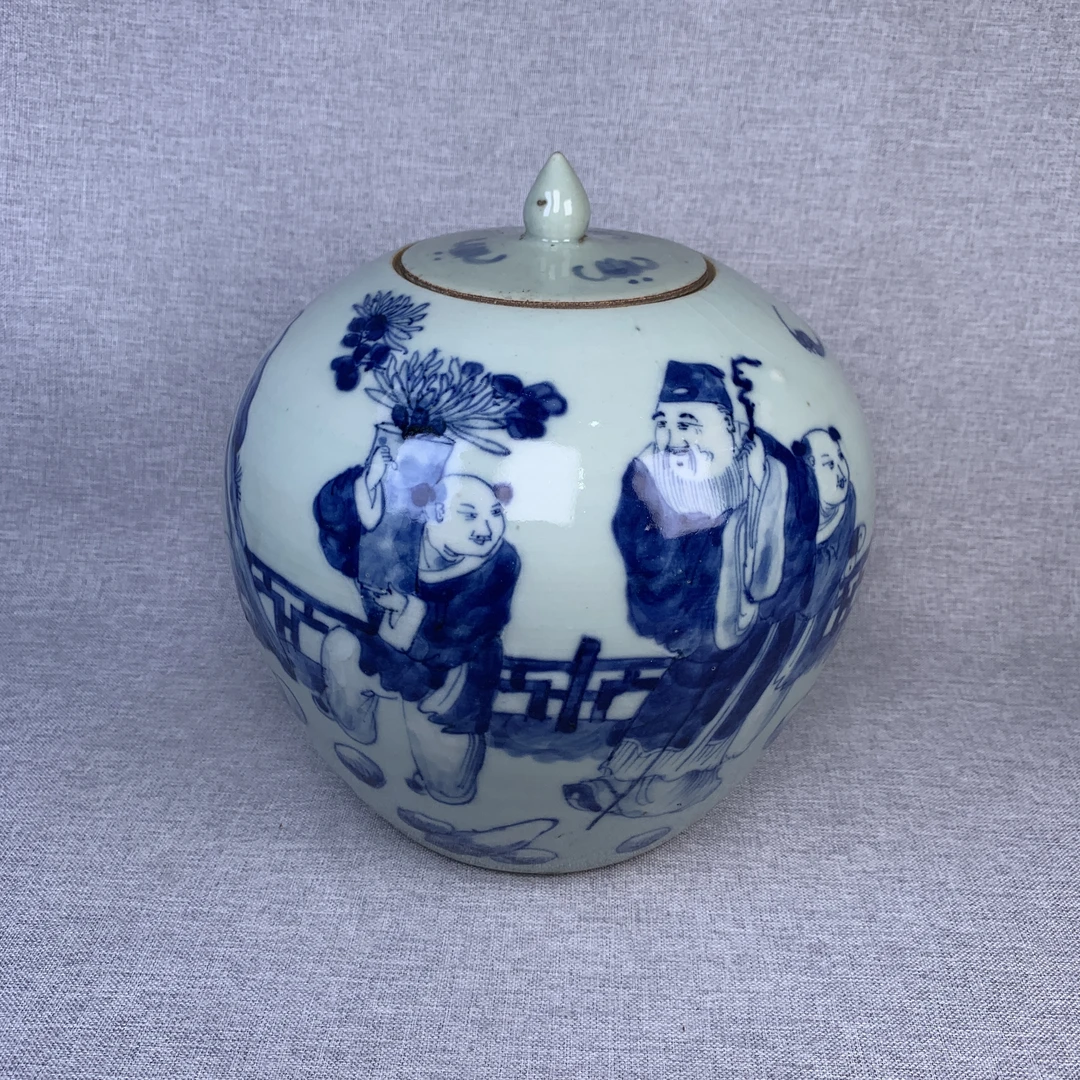 清代豆青釉人物罐古瓷器真品国营镇江市文物商店库出5228052
