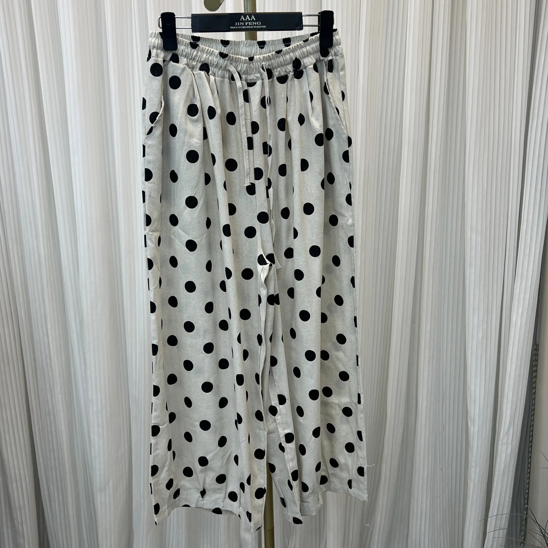 K7225 女士复古港风休闲风阔腿裤休闲波点长裤女装休闲裤松紧腰