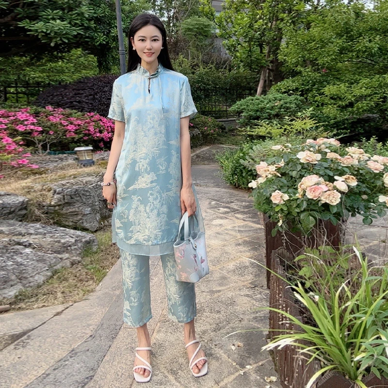 浒城古娘国风印花百搭时尚女短袖阔腿裤套装WH0500442+WH0500443