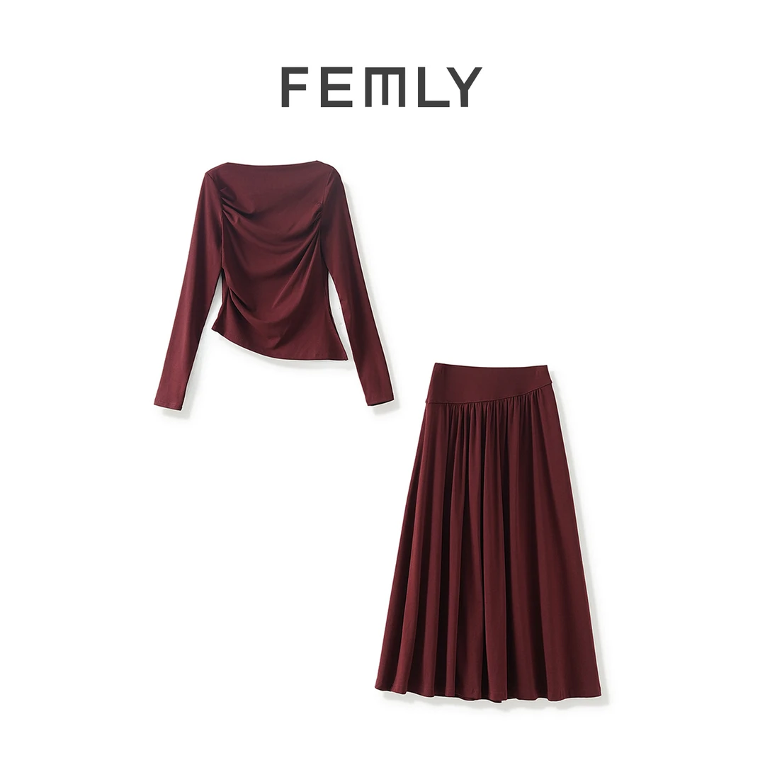 FEMLY/法曼丽 秋季法式优雅设计感一字肩长袖上衣+半身伞裙3193
