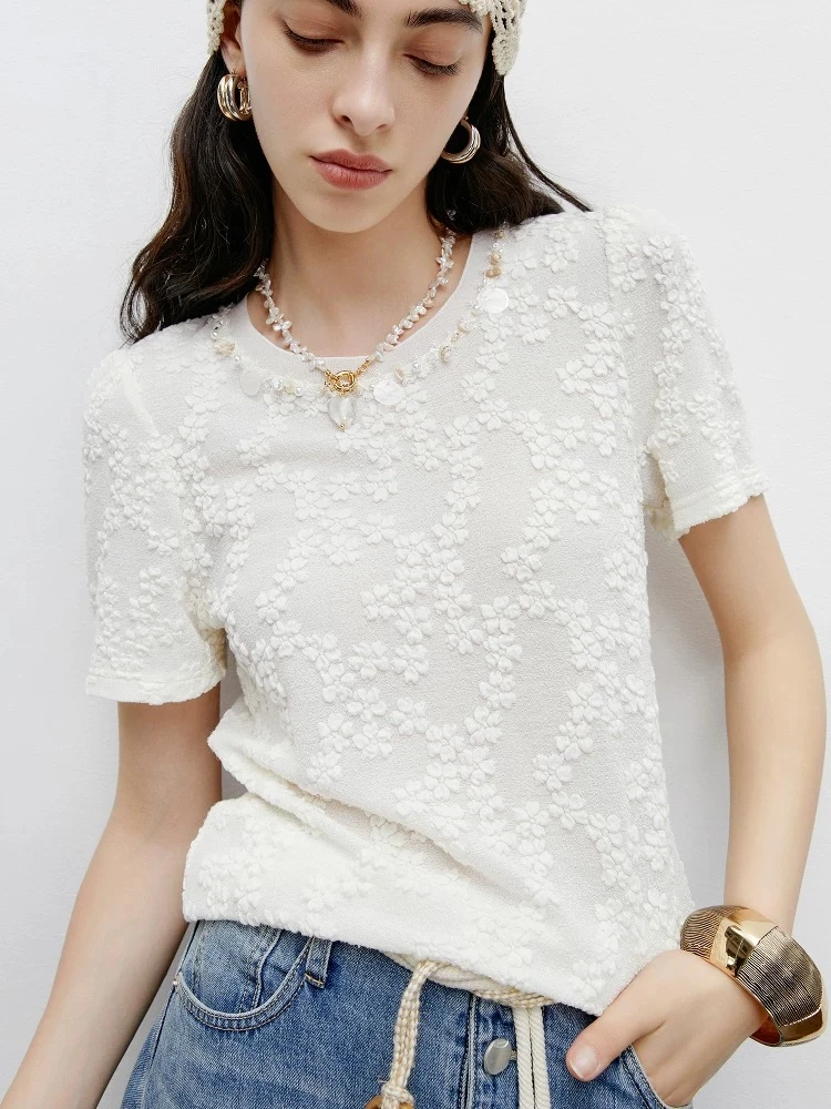【钰姐精选】艾嫚28135-气质复古显瘦提花设计感短袖T恤夏季