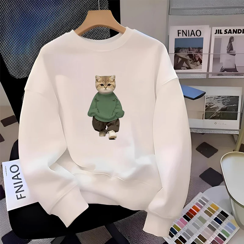 仓石一树潮牌猫咪印花卫衣男秋冬季新款宽松加绒长袖圆领情侣上衣