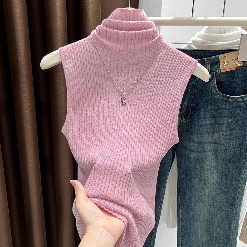 多巴胺粉色针织无袖吊带背心女新款坎肩堆堆领外穿螺纹修身小上衣