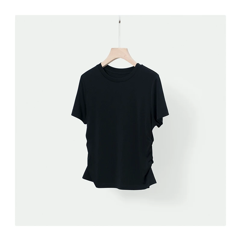 简约纯色褶皱圆领短袖T恤显瘦黑色上衣