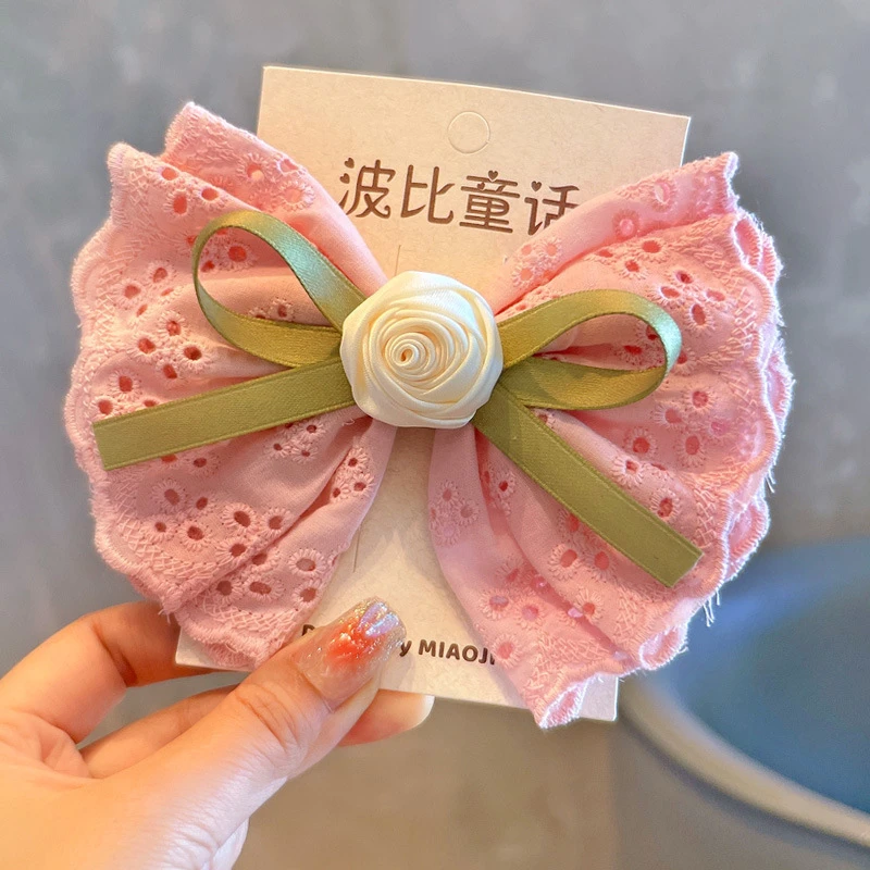 波比童话 网红风仙气蕾丝大蝴蝶结儿童发夹 手工玫瑰花朵女童发饰