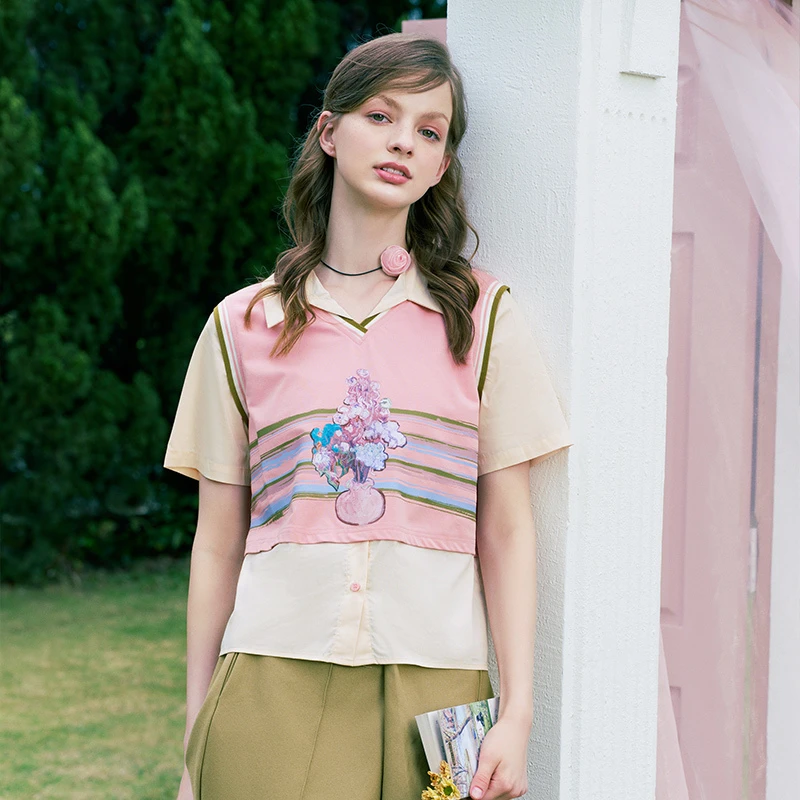 梵高文艺盛夏光年印花拼接假两件polo衫S24CPL002