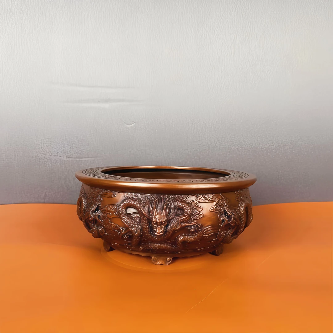 古品轩【龙纹生肖聚宝盆】龙纹纯手工浮雕紫铜生肖聚宝盆