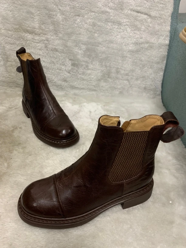 牛皮手抓纹防滑粗跟中跟切尔西靴时尚女靴秋冬休闲英伦风加绒短靴