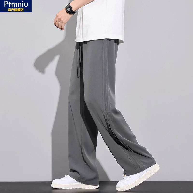 冰丝条纹休闲裤男款2025夏季薄款宽松直筒垂感阔腿裤子男士亚麻裤