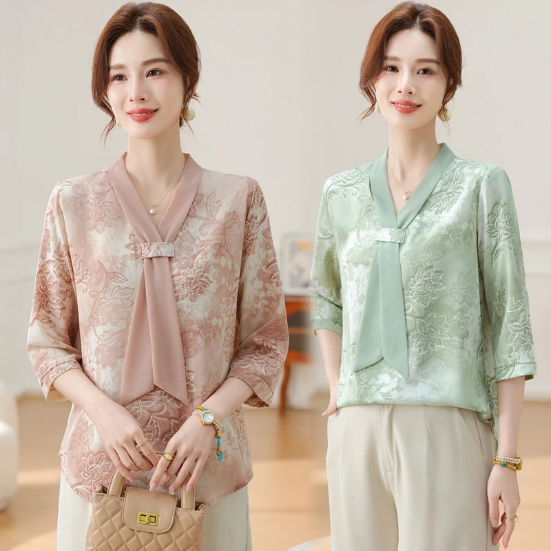 母亲节妈妈夏装减龄百搭小衫2025新款洋气薄款T恤七分袖上衣套装