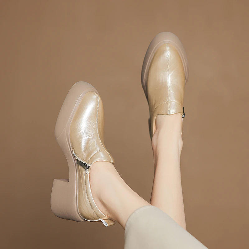 牛皮/跟高8cm/春秋百搭真皮复古春季粗跟高跟英伦风舒适妈妈单鞋