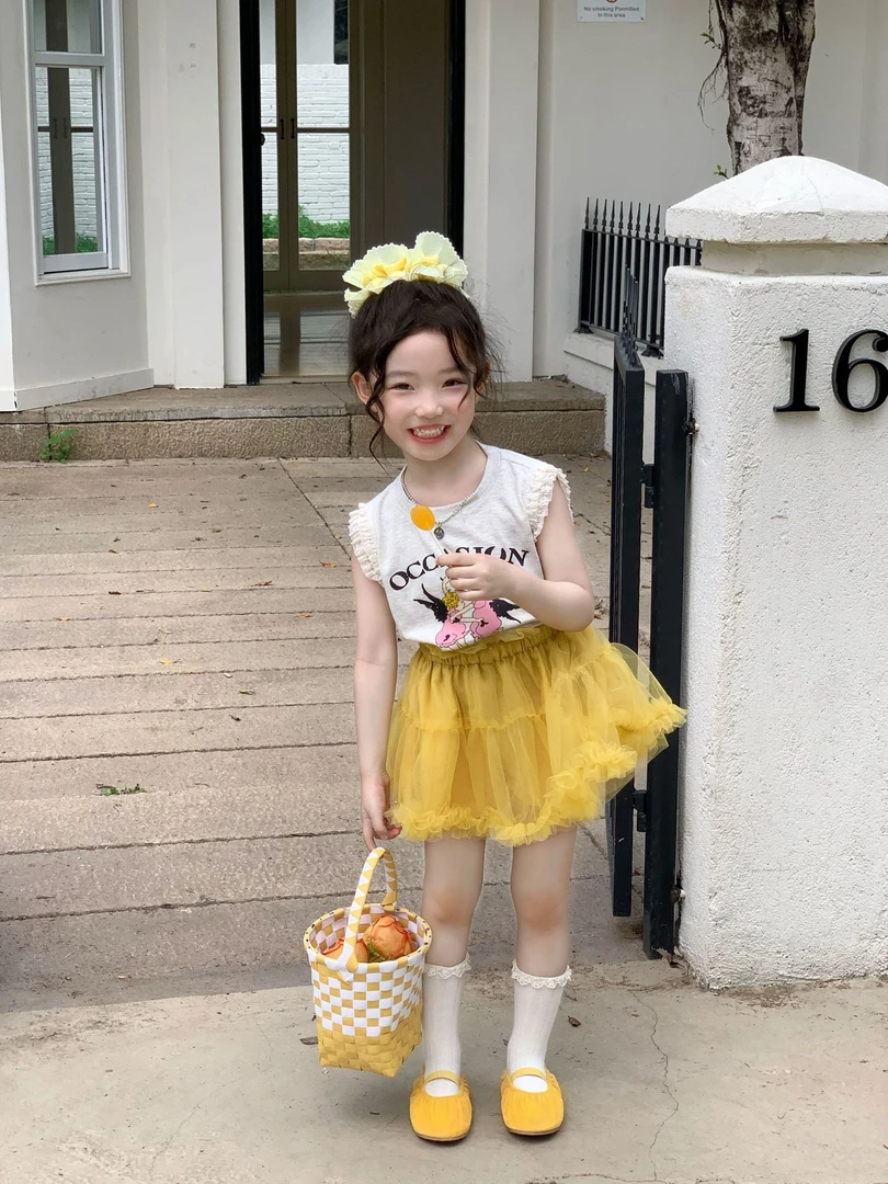 女童蕾丝拼接背心2025夏季韩版儿童黄色网纱半身裙配安全裤套装