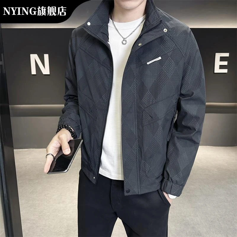 NYING立领外套男士高端格子2025新款潮牌男工装夹克飞行员棒球服