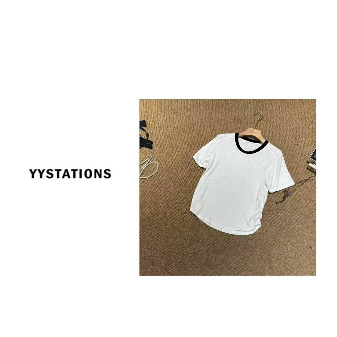 YYSTATIONS 抽褶收腰短袖修身显瘦弧形下摆撞色百搭上衣-318