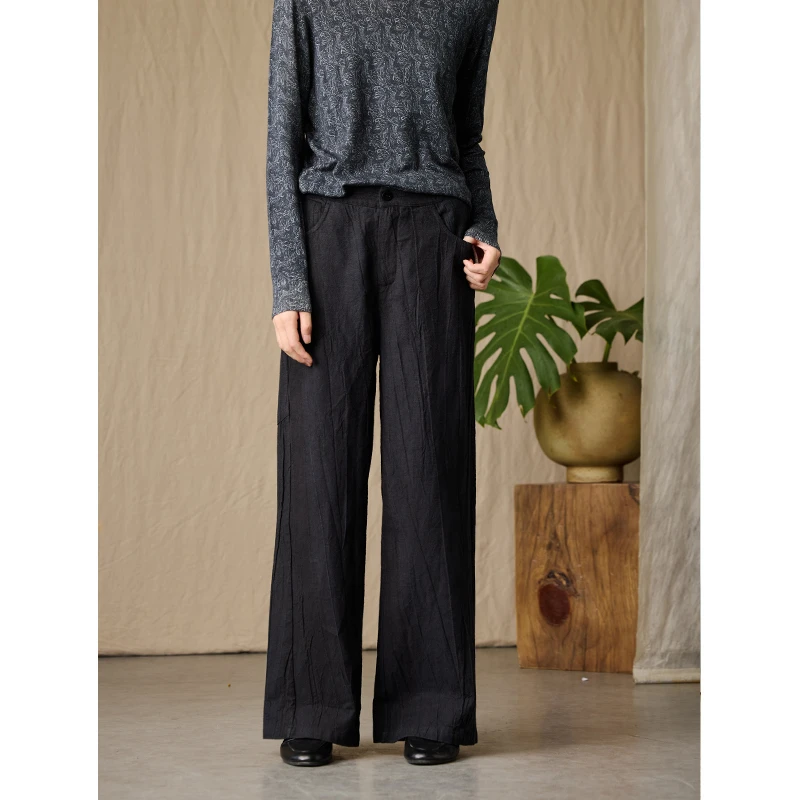 qtu新款女直筒裤苎麻棉褶皱肌理4289宽松慵懒休闲高级黑色长裤子