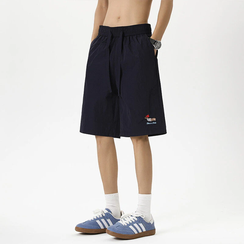 藏青色速干小狗刺绣短裤男女款夏季情侣运动休闲裤透气五分沙滩裤