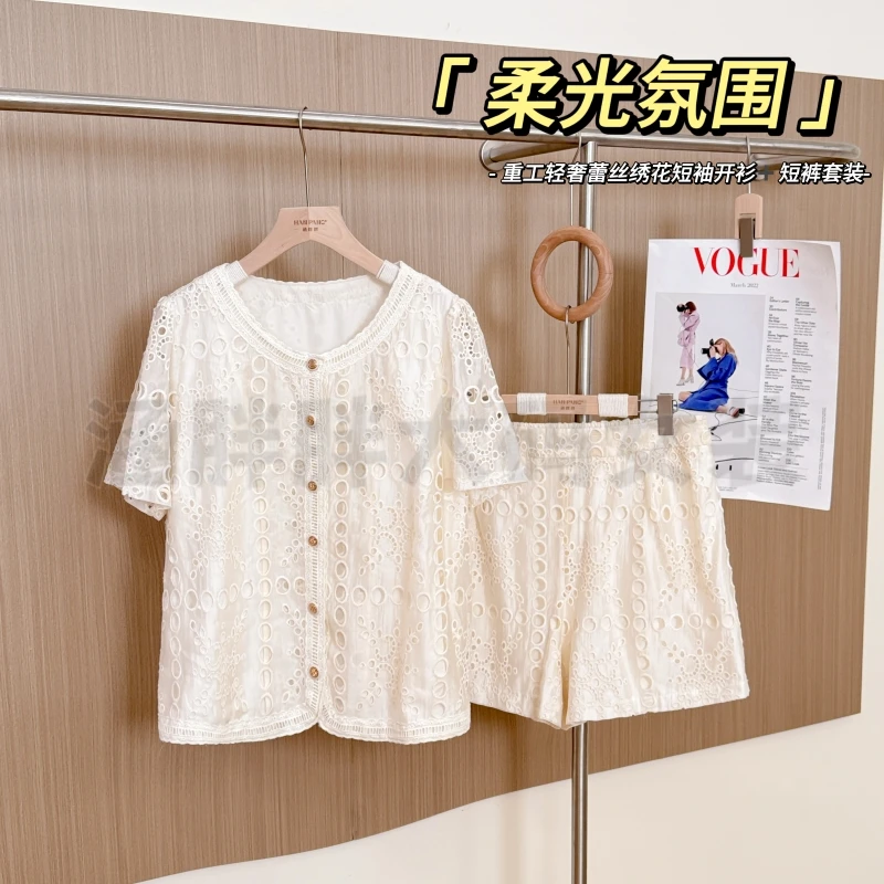 【涵胖胖】柔光氛围~重工轻奢蕾丝绣花短袖开衫短裤套装XZ25187