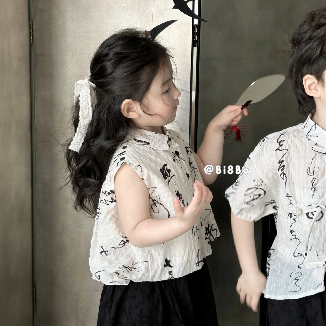 新中式儿童国风套装2025新款衬衫夏装男女童短袖汉服衬衣短裤套装