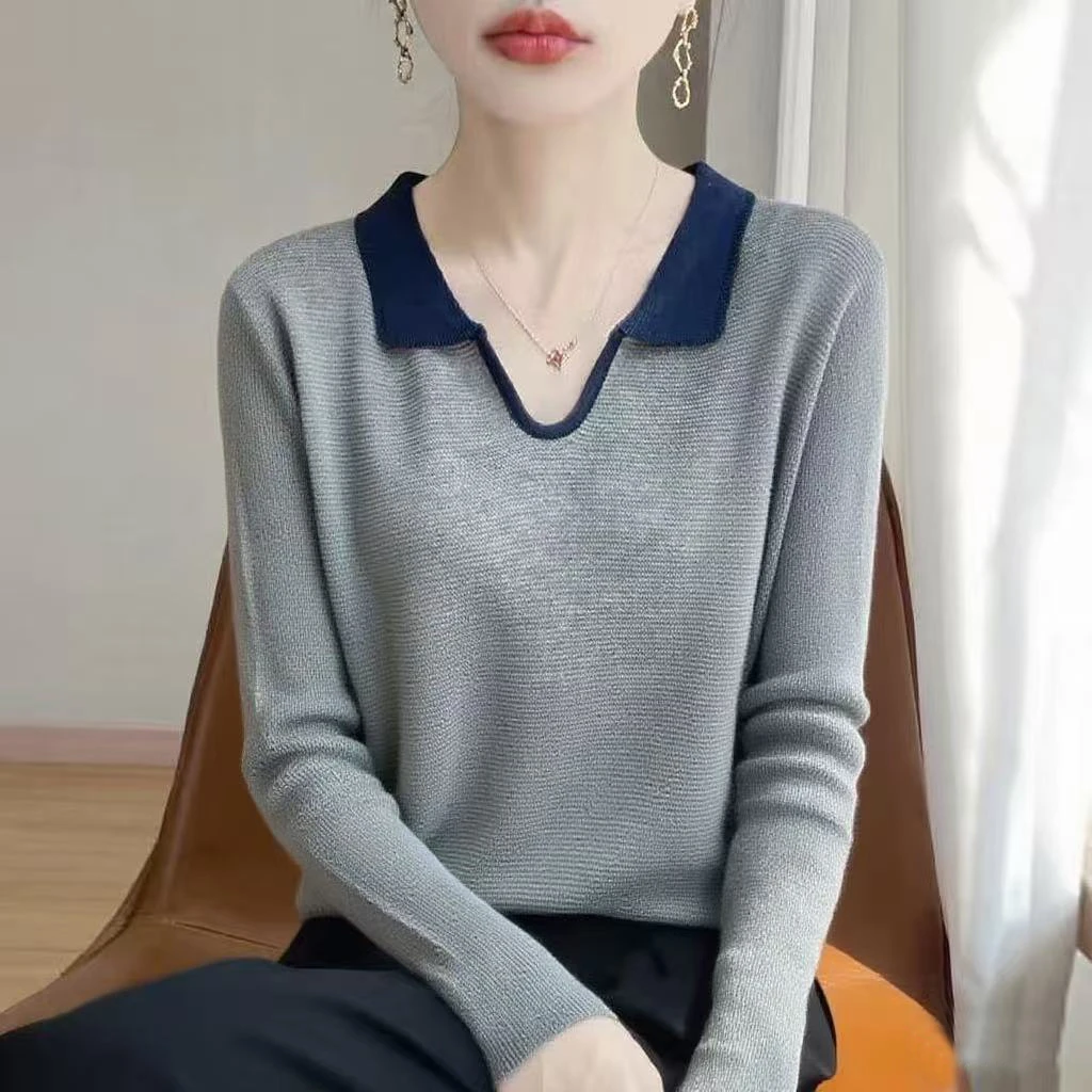 秋季新款精仿羊毛剪刀翻领拼色针织长袖时尚百搭宽松显瘦洋气打底