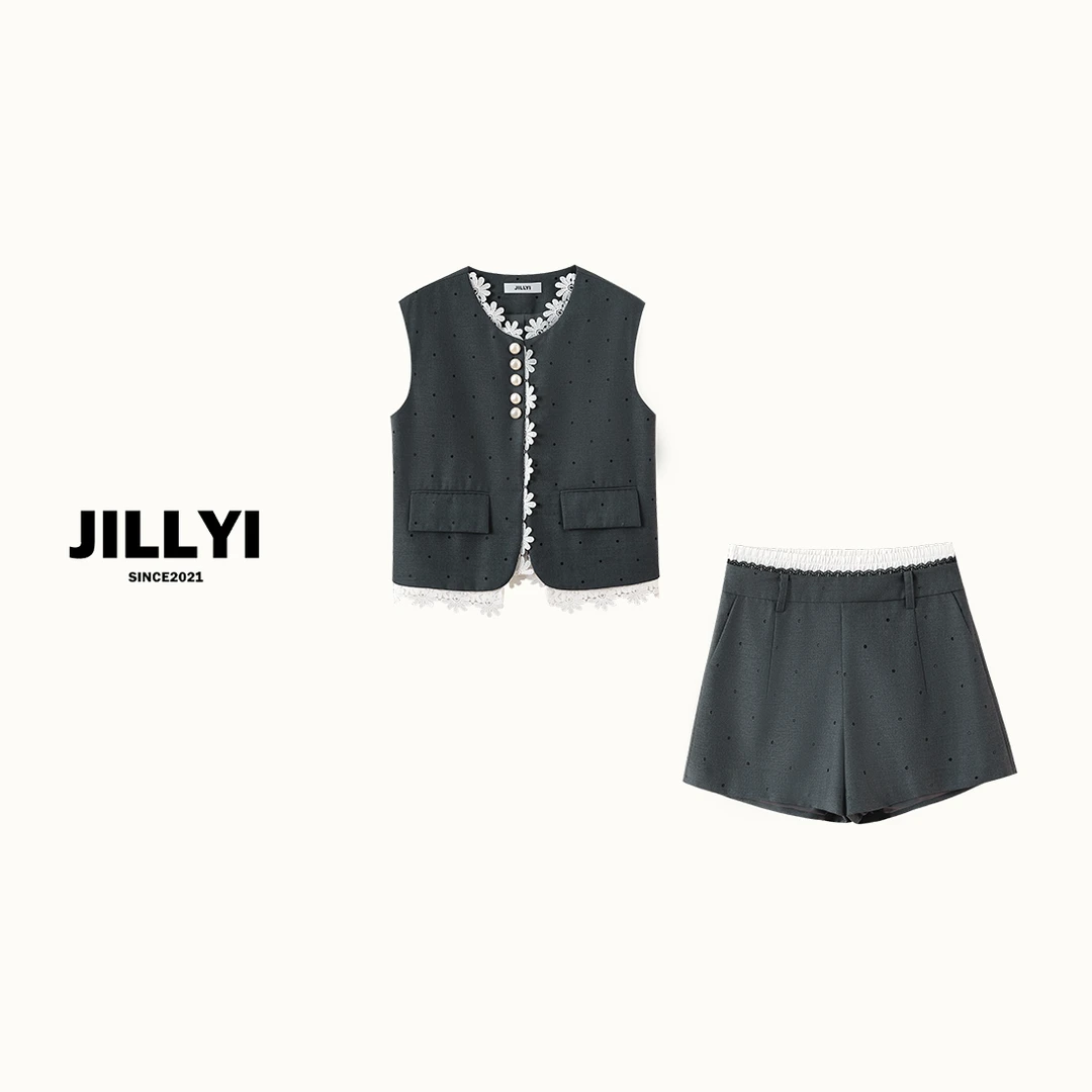 JILLYI【浅灰浪漫】灰色圆领拼接白色花朵蕾丝马甲+灰色波点半裙