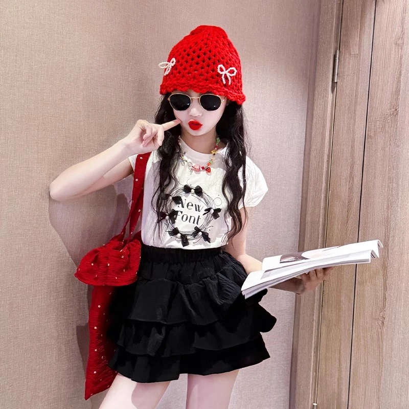 白色t恤女童夏季2025新款大童女孩薄款夏装上衣儿童韩系短袖套装