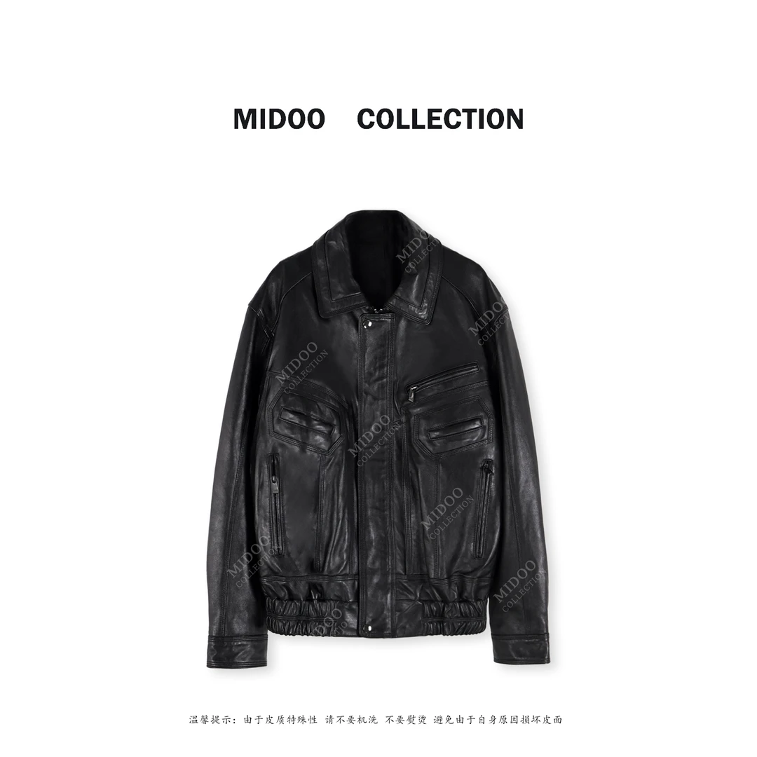 MIDOO ZNNZ ‘太酷飒了’100绵羊皮复古翻领机车夹克外套