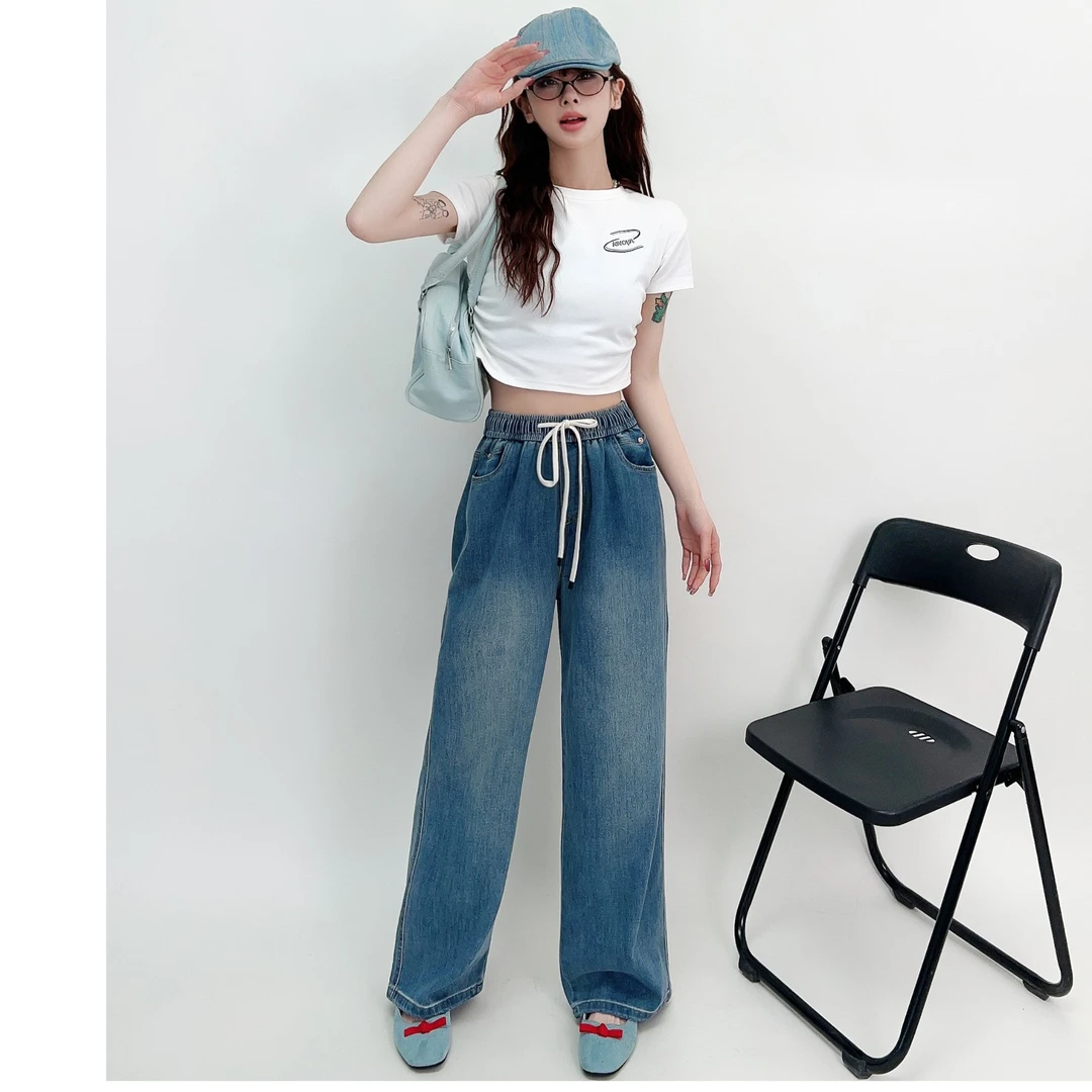 樱桃-大码春季020新款宽松垂感阔腿裤牛仔裤