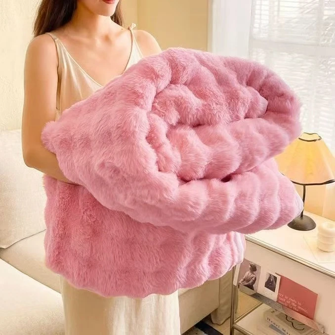双人粉色大兔毛绒通用毛毯欧式简约纯色双面ins风