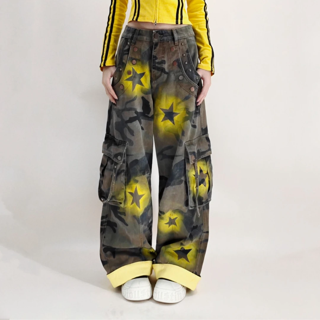 加绒抓毛2025冬季新款原创黄底星星迷彩工装牛仔裤女直筒阔腿裤子