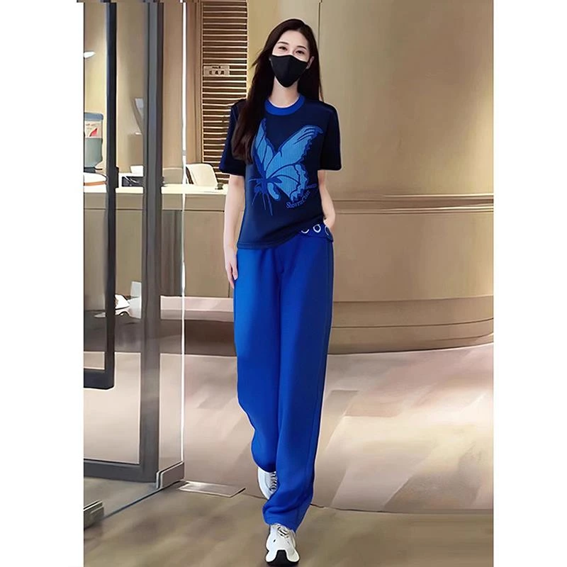 欧货休闲运动套装女夏2025新款时尚洋气设计感蝴蝶印花短袖两件套