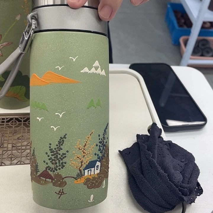 茶杯紫砂黄*强豆青砂山水车载杯