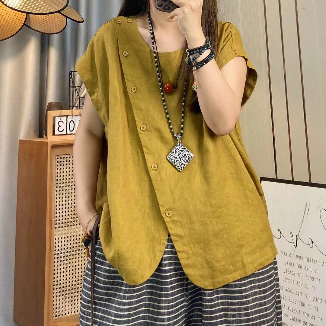 欣欣 夏季新款圆领飞飞袖亚麻衬衫女不规则斜襟衬衣女