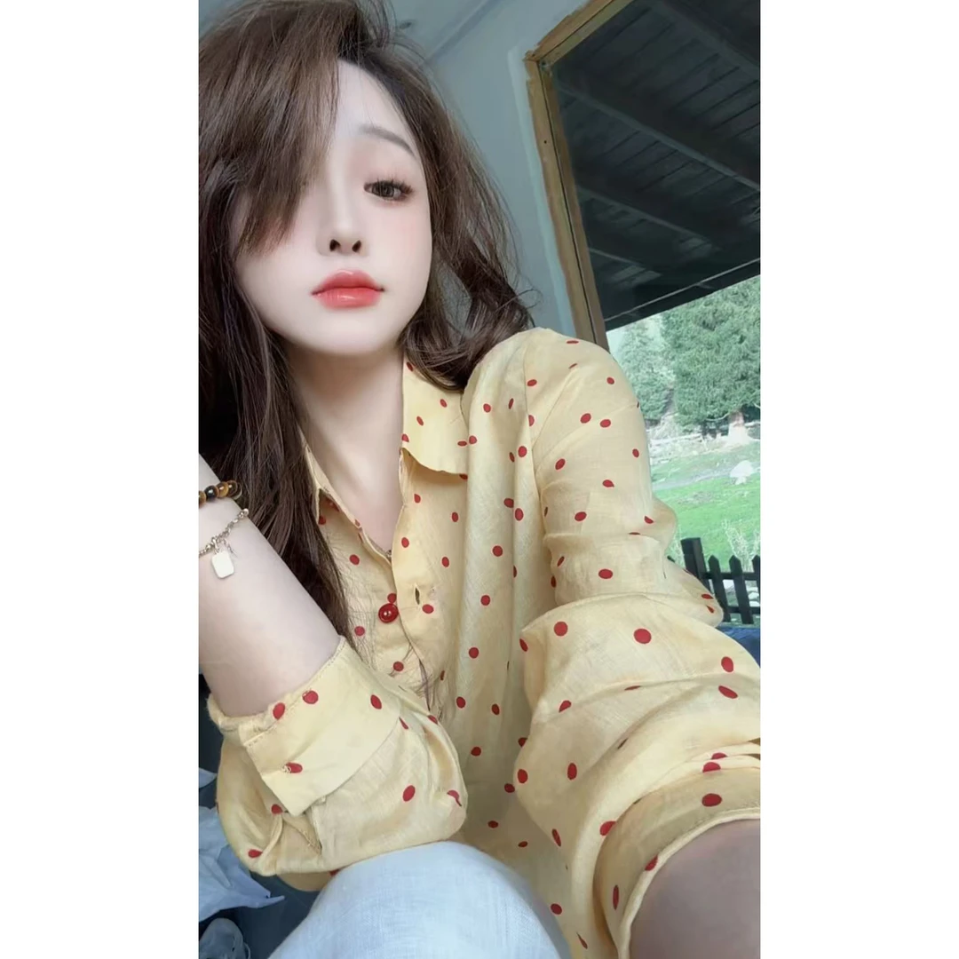 【陈陈私服】港风洋气时尚波点黄色衬衫慵懒宽松长袖衬衣女25042805