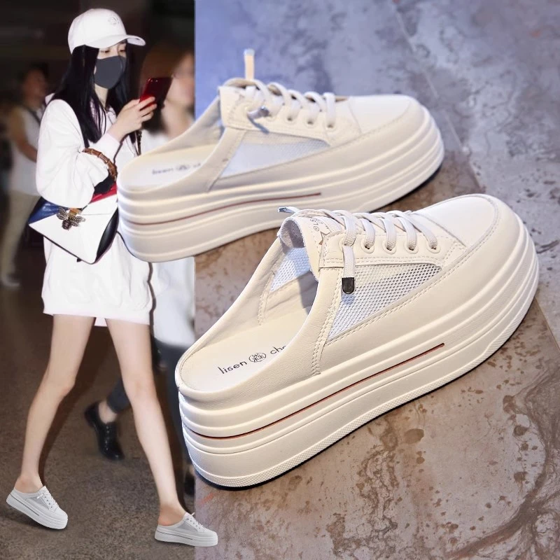 包头半拖鞋女夏2024新款厚底无后跟网面透气时尚懒人内增高小白鞋