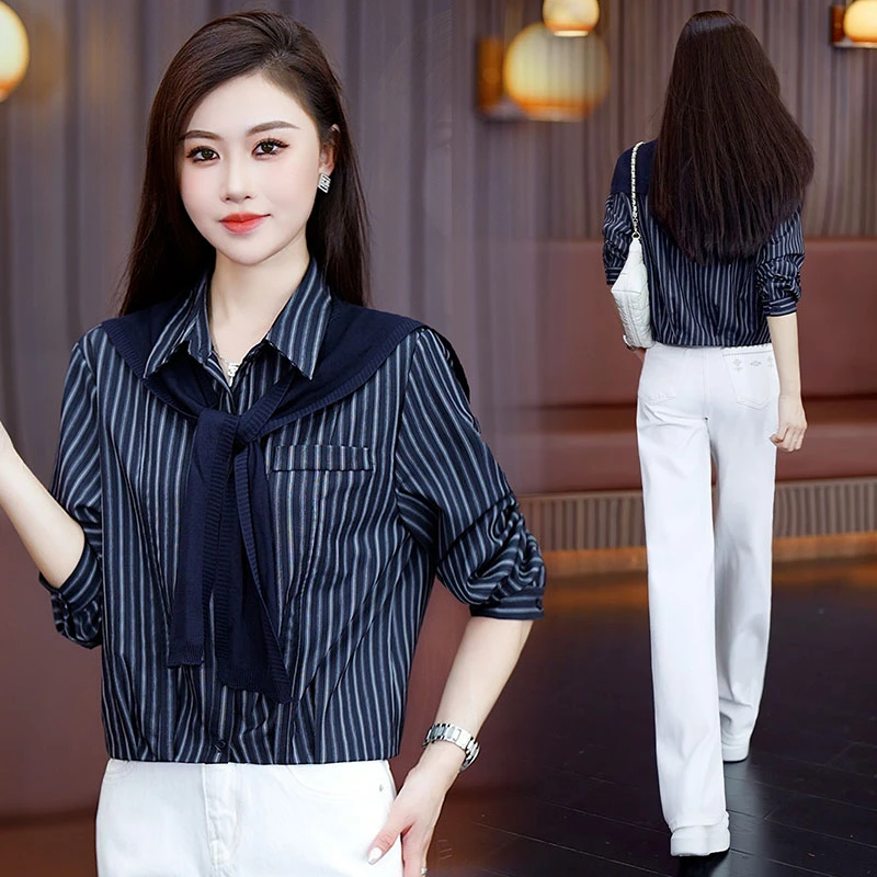 时尚韩版宽松型斜条纹衬衫女2025秋季新款短款小钟披肩长袖衬衣潮