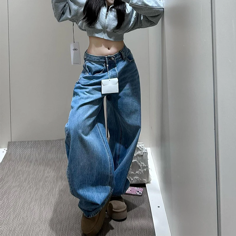 微胖mm设计感烫钻洗水做旧直筒牛仔裤女秋季新款显瘦百搭阔腿长裤