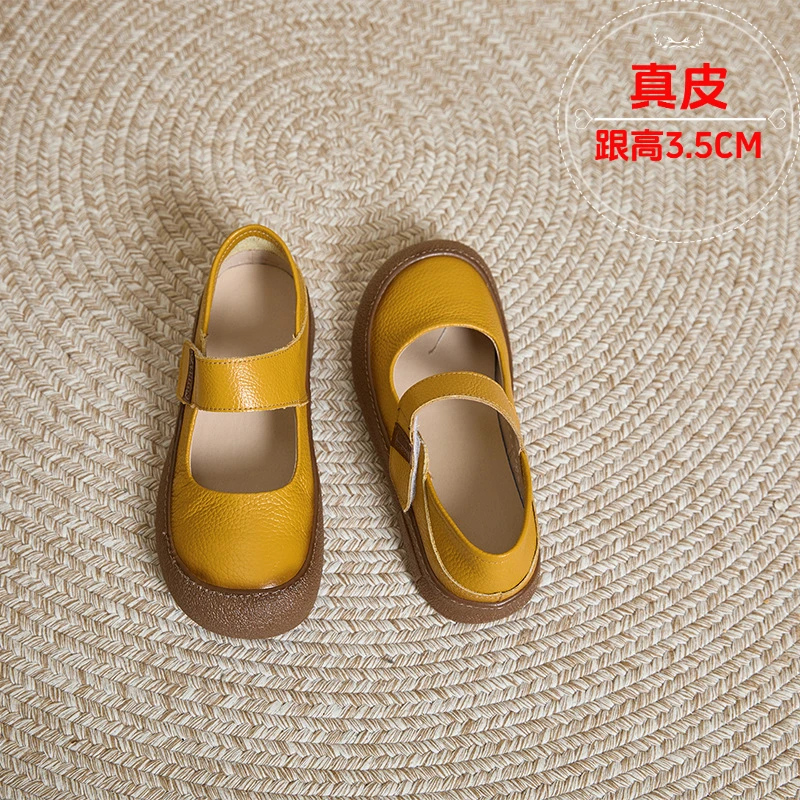 万达撤柜头层牛皮复古玛丽珍鞋女2025春夏新款韩版魔术贴平底舒适