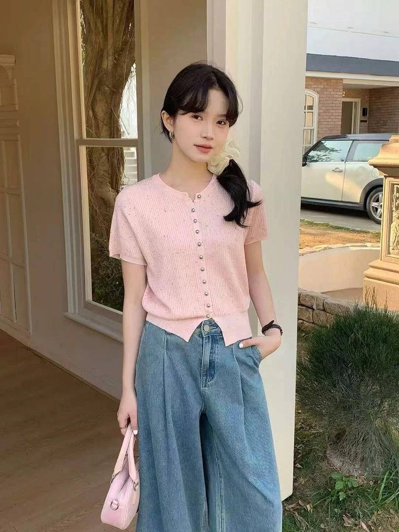 柚子家-XH150短袖春季拼接INS风针织衫上衣针织衫小众气质小香风
