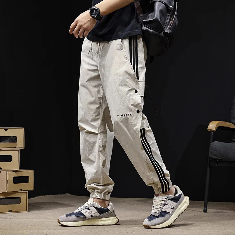 潮龛三条条纹夏季薄款休闲裤男2025新款运动速干冰丝裤子束脚男裤