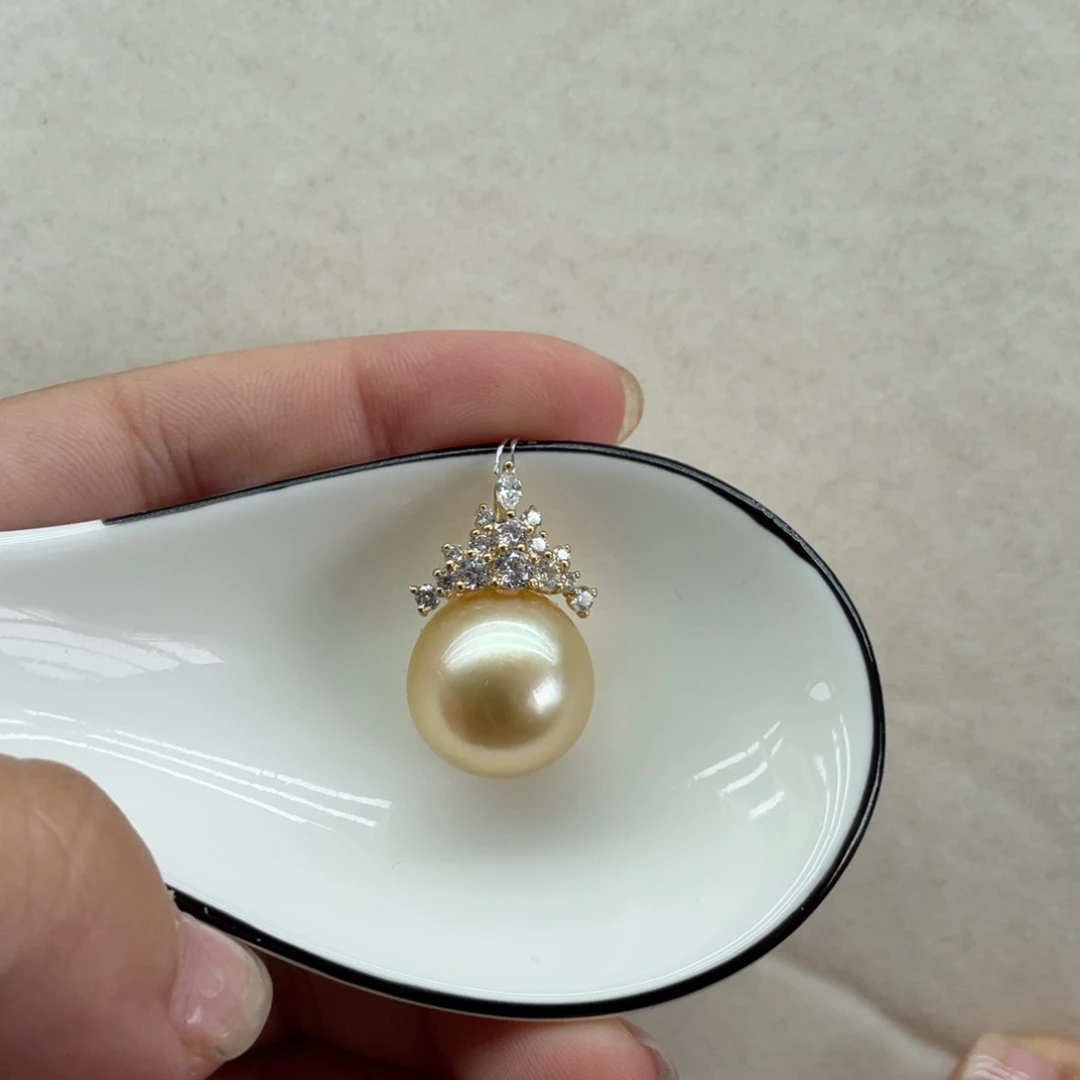 海水珍珠吊坠(不含链)18K金镶嵌14-15mm