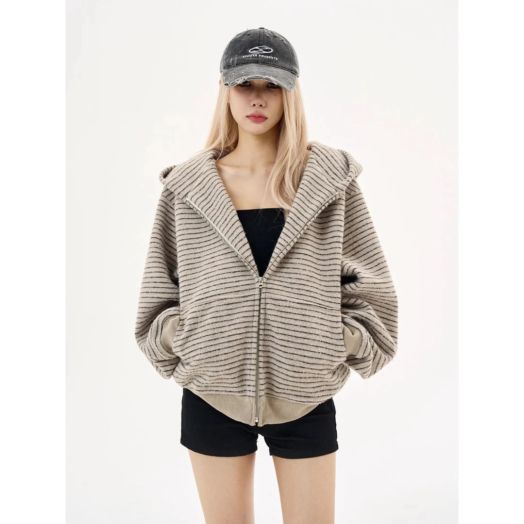 LIGGICC 美式复古2025早秋新款条纹拉链开衫连帽卫衣男女情侣外套