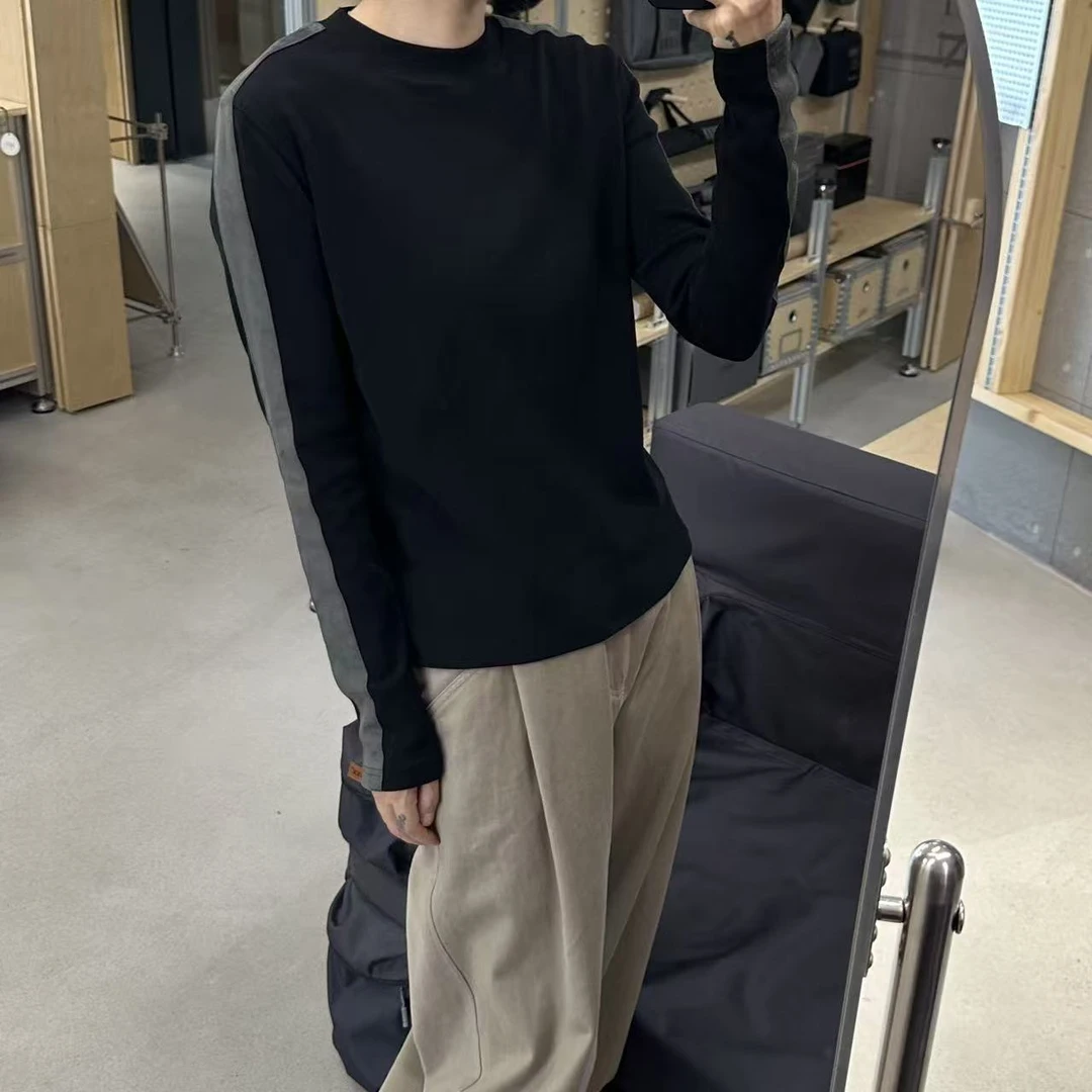 琴仔 小众高级感徕卡弹力百搭时尚打底衫小高领拼接长袖T恤Z635-1