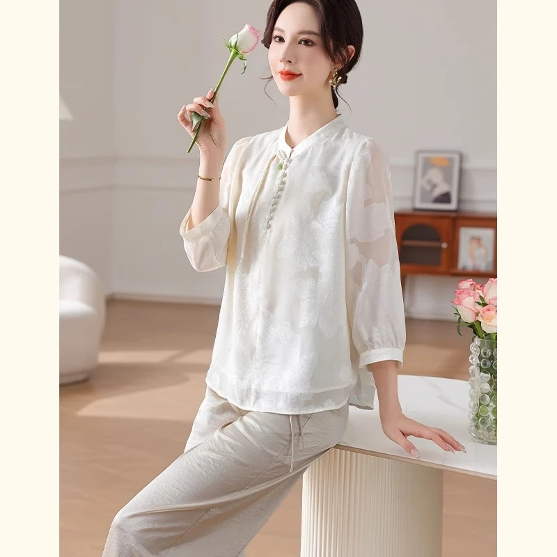 新中式中国风妈妈春夏装薄款针织衫T恤洋气中老年女装打底衫