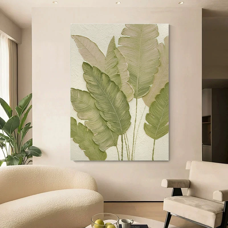 手绘油画《家大叶大》奶油风客厅沙发背景墙装饰画肌理玄关挂画