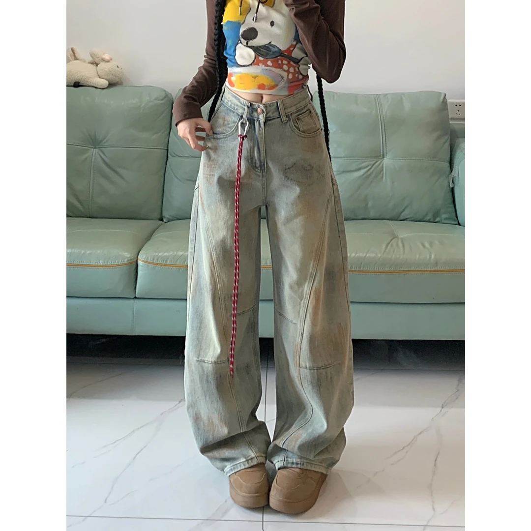 大码复古美式弯刀牛仔裤女秋季胖mm梨形身材低腰显瘦直筒阔腿裤子