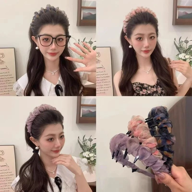 【咕噜】超仙褶皱网纱波浪发箍女夏季带齿防滑高颅顶头箍发饰