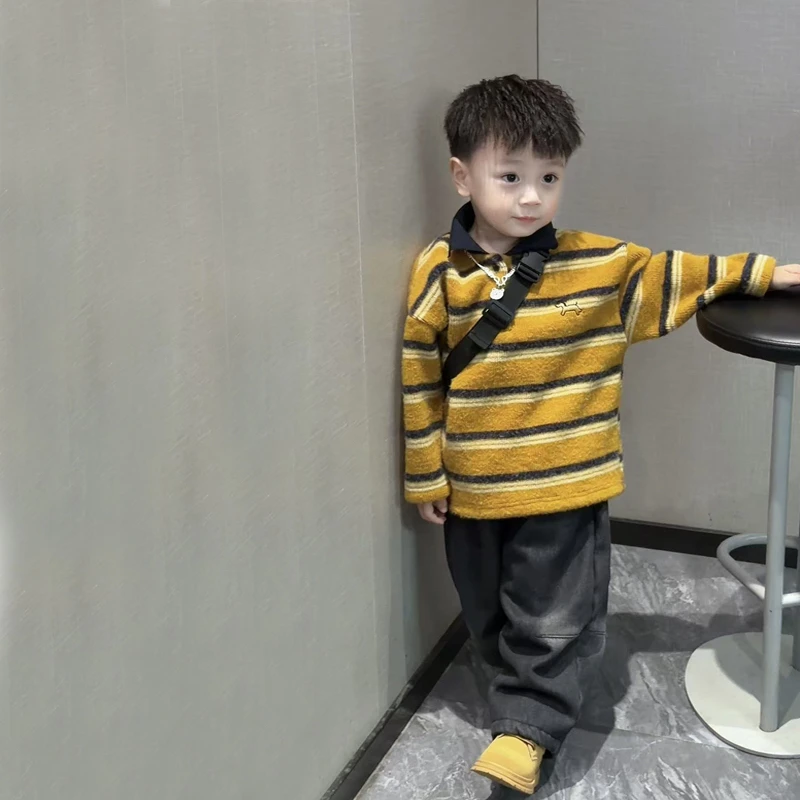 男童加绒加厚秋冬新款套装POLO衫洋气毛衣韩版秋冬弯刀裤牛仔裤潮