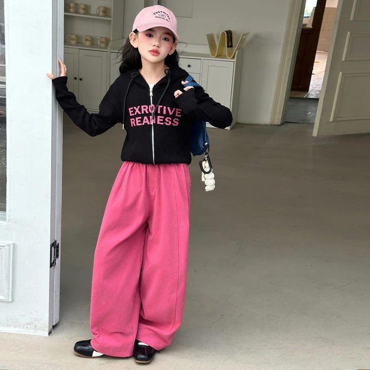 女童套装2025春秋新款中大童韩版连帽外套女孩时髦洋气休闲阔腿裤