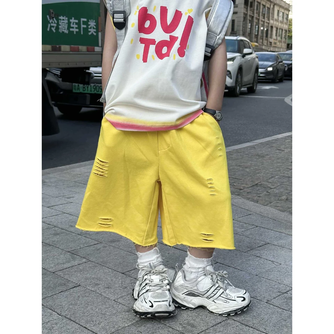 新款夏季男女童短裤薄款美式运动休闲卫裤宽松亮色韩版百搭五分裤